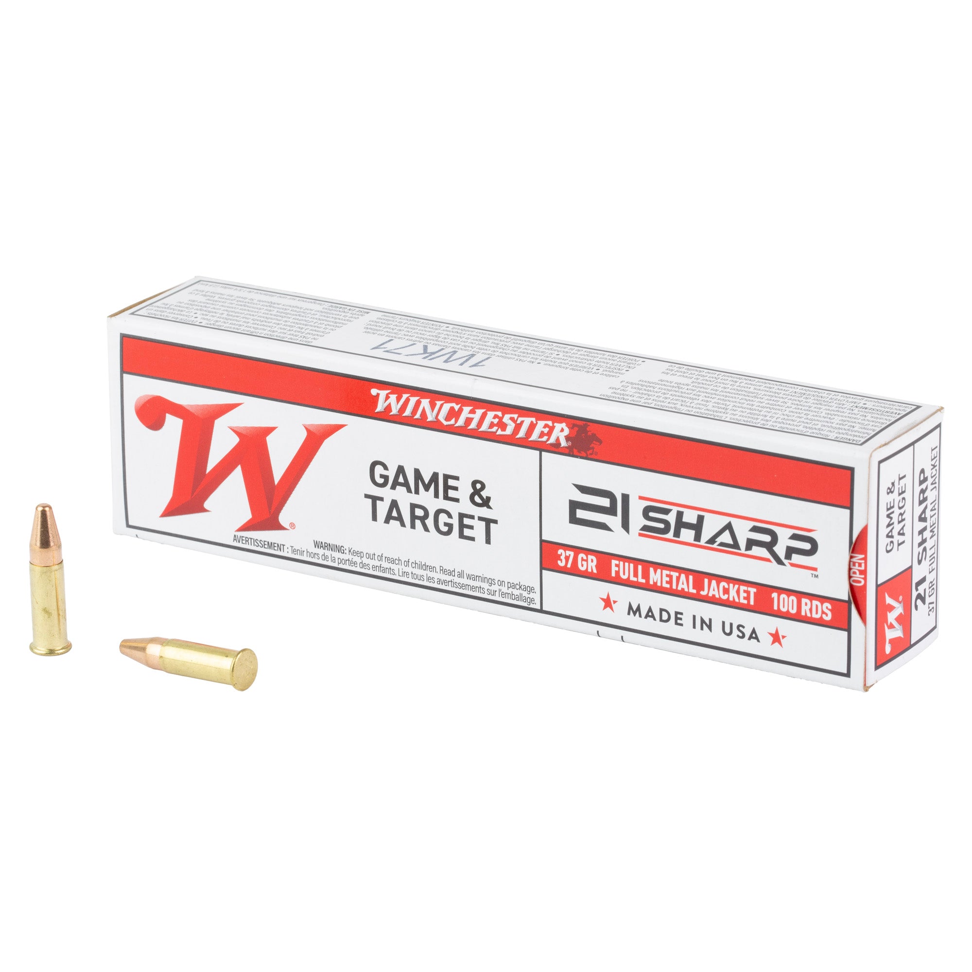 Winchester Ammunition 21 Sharp .22 Caliber Full Metal Jacket 37 Grain – 100 Rounds per Box