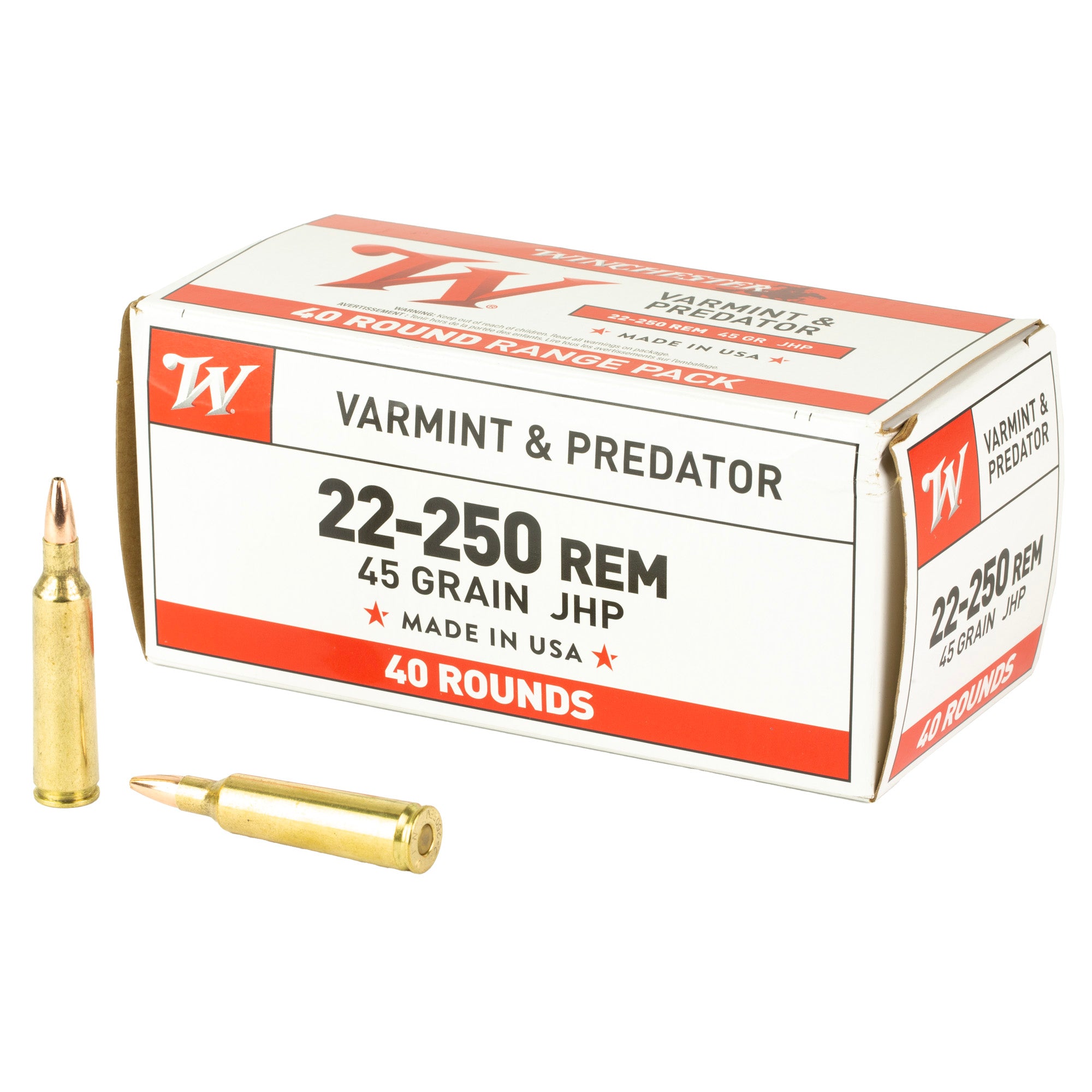 Winchester Ammunition USA 22-250 Remington Varmint 45-Grain Hollow Point - 40 Rounds per Box