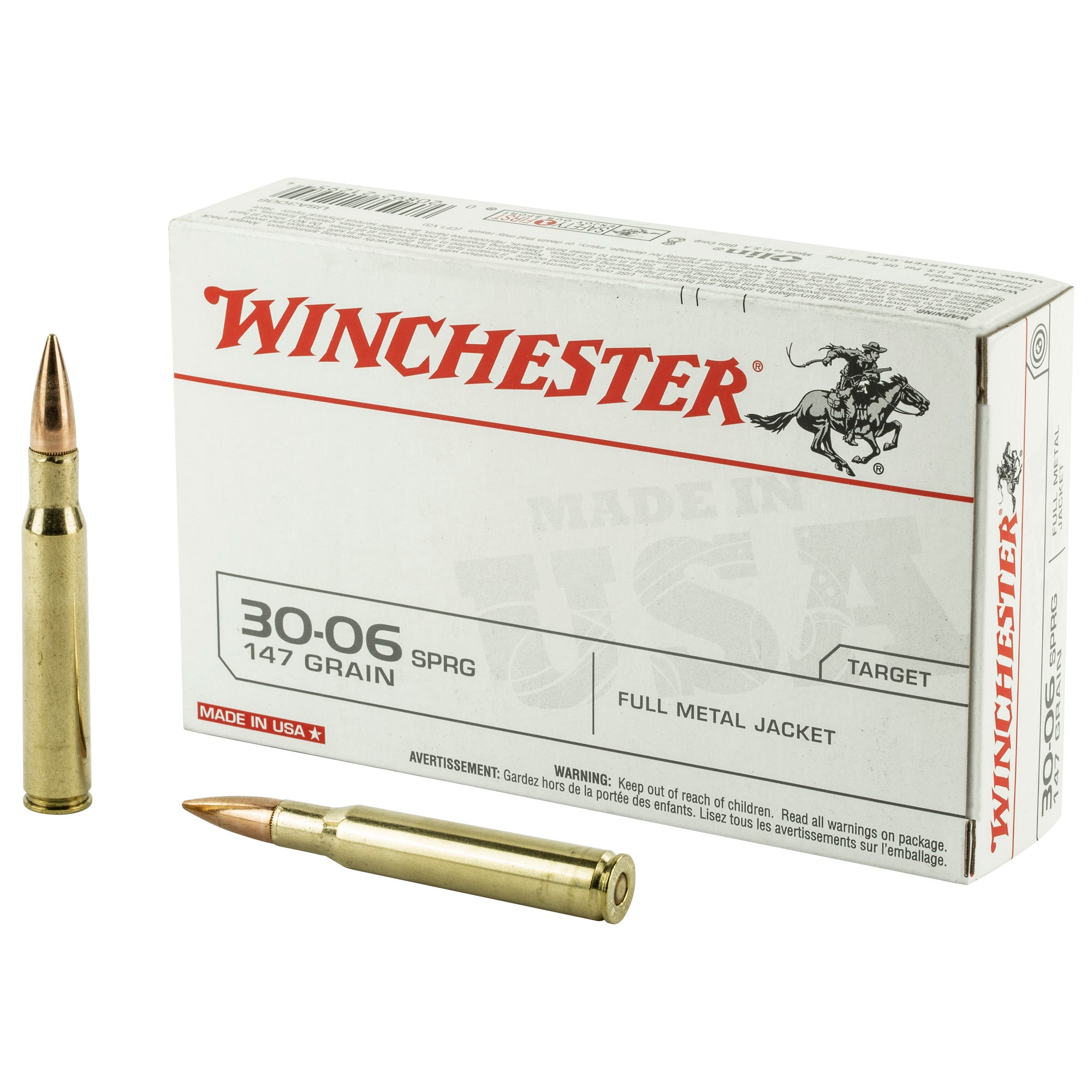 Winchester Ammunition USA 3006 Springfield 147-Grain Full Metal Jacket Rifle Ammo - Box of 20