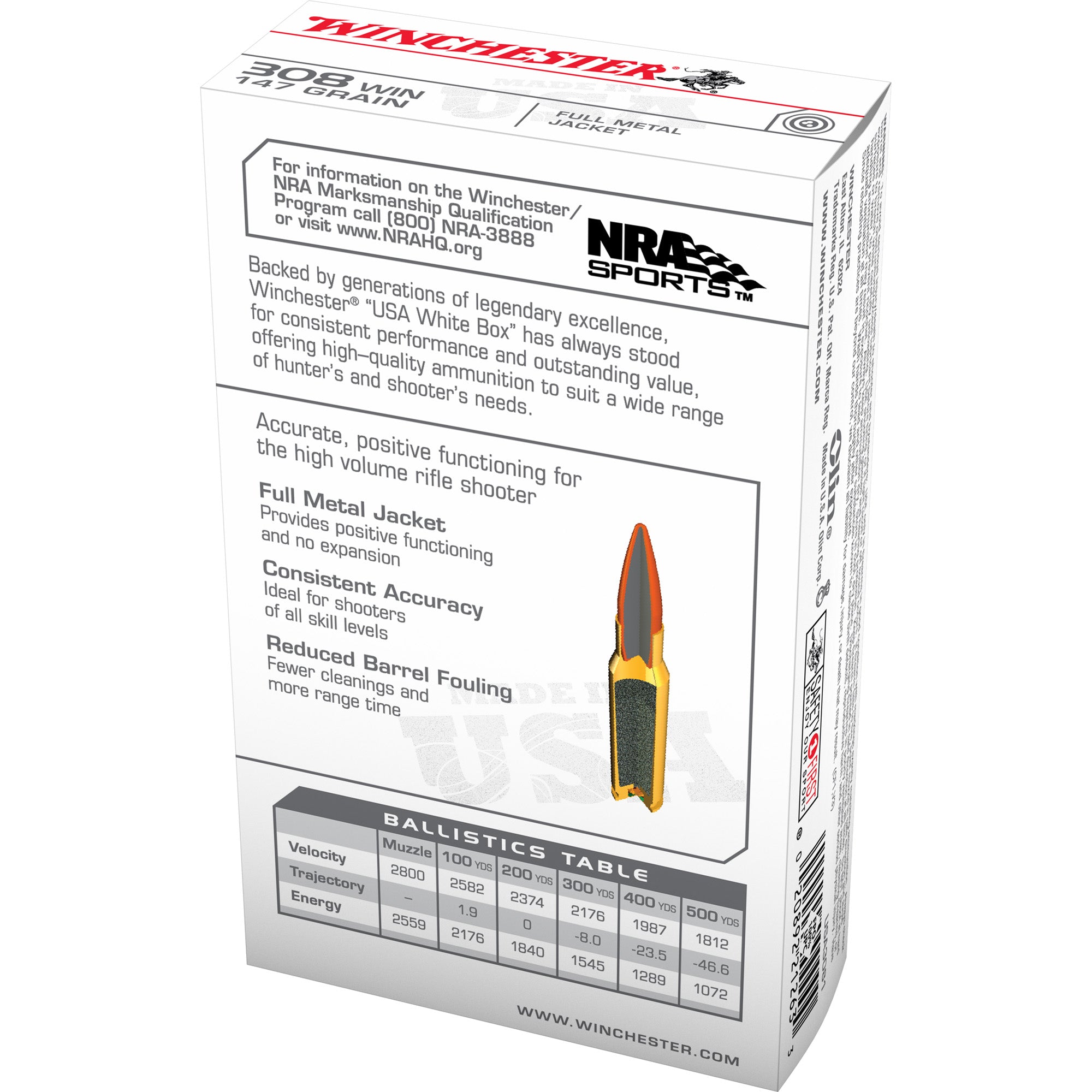 Winchester Ammunition USA White Box 308 Winchester 147-Grain Full Metal Jacket - Pack of 20