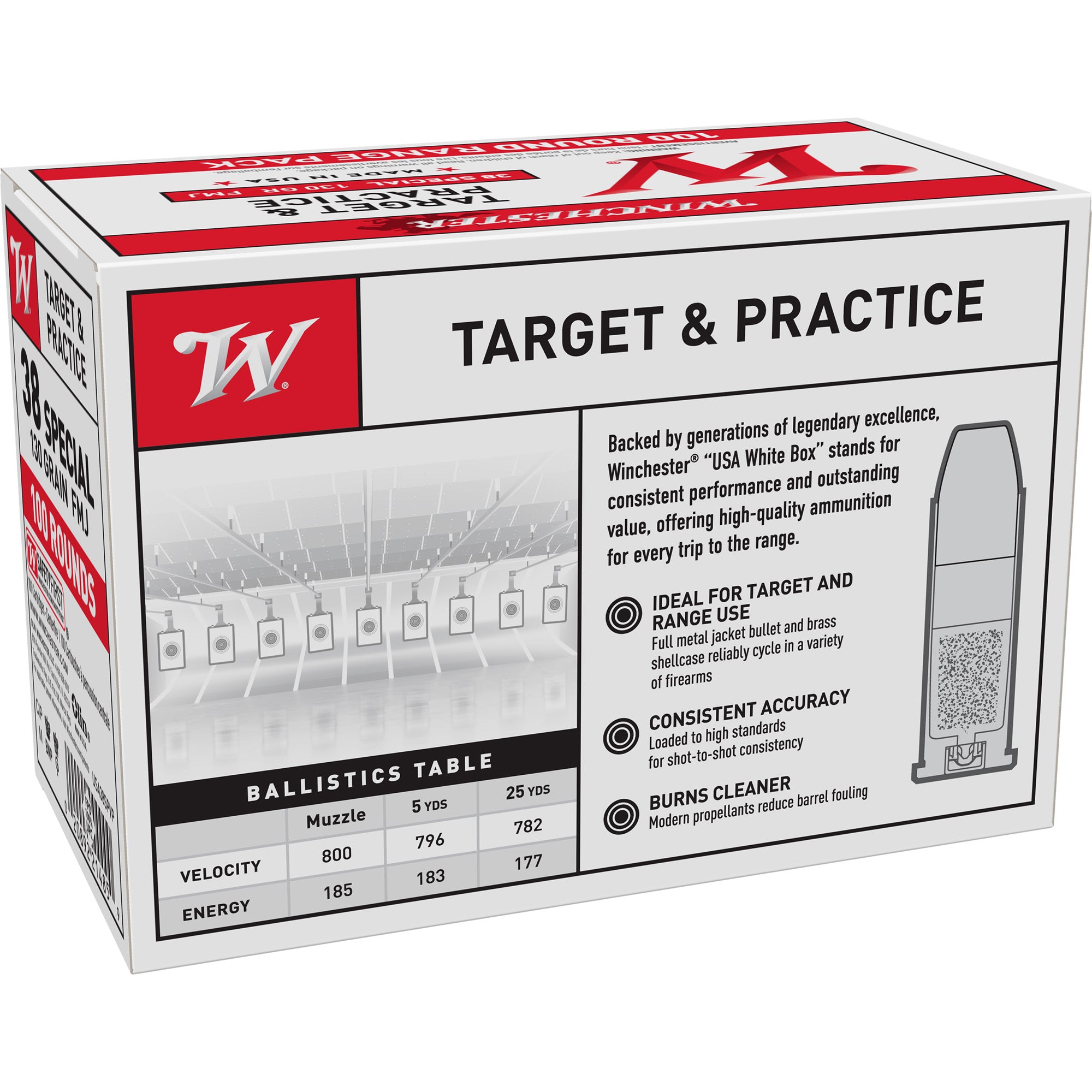 Winchester Ammunition USA White Box .38 Special 130-Grain FMJ — Reliable Full Metal Jacket Ammo for Target Shooting and Personal Defense