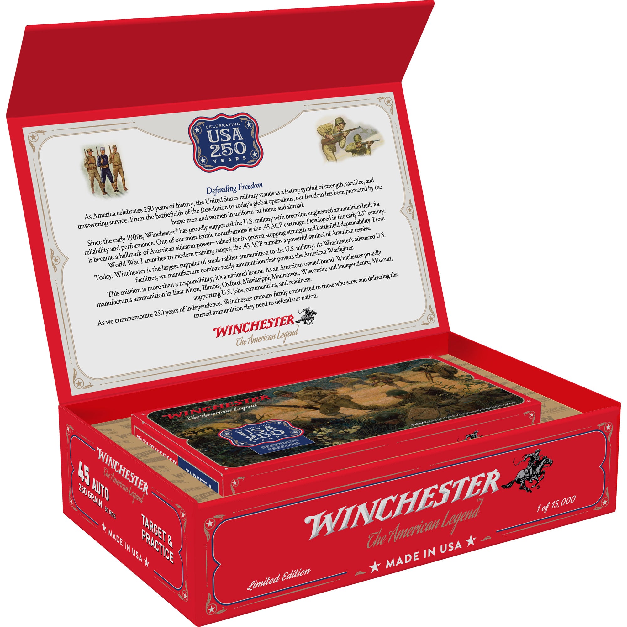 Winchester Ammunition USA 250th Anniversary 45 ACP 230-Grain Full Metal Jacket – 50 Rounds Per Box, 300 Per Case