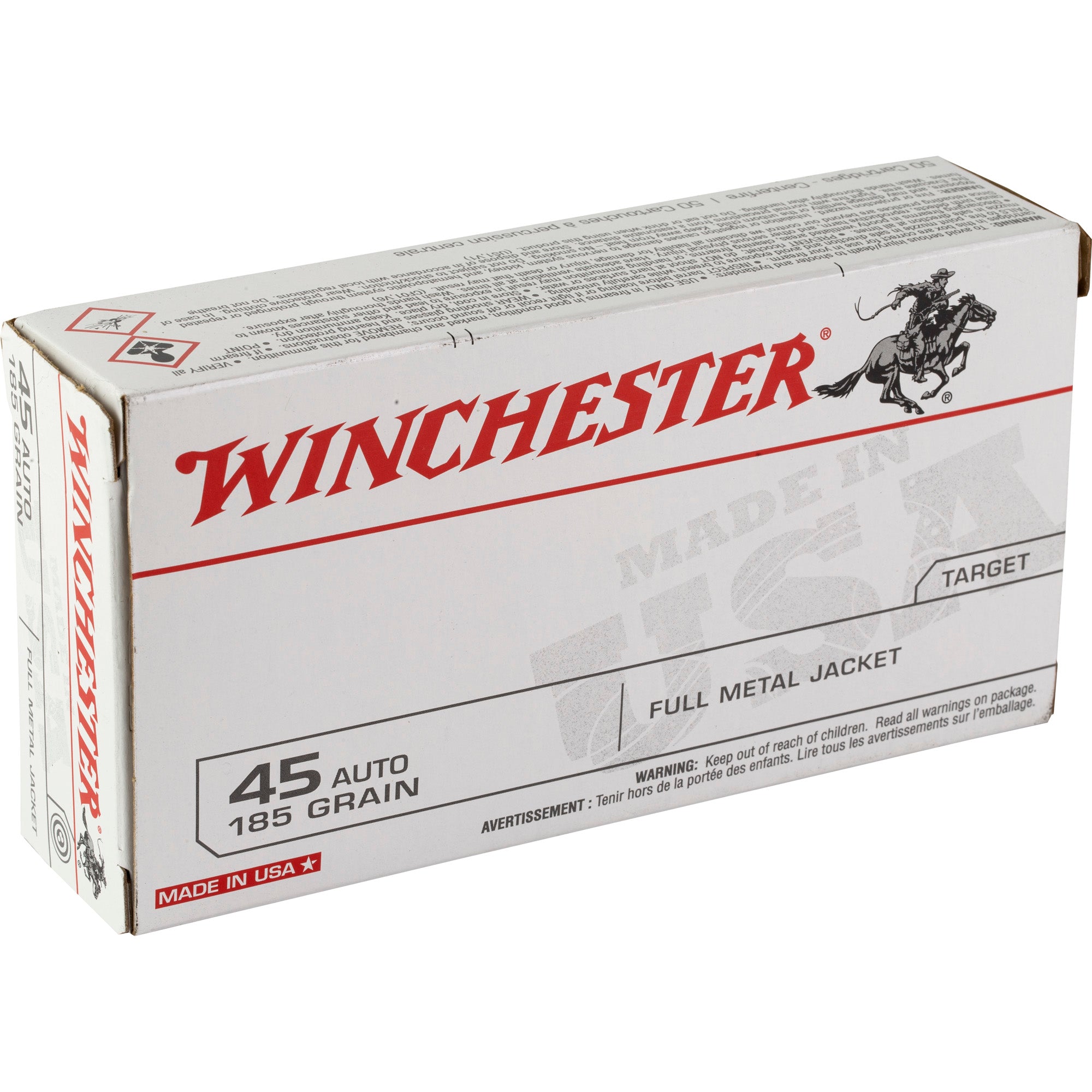 Winchester Ammunition USA White Box .45 ACP 185 Grain Full Metal Jacket – 50 Rounds per Box