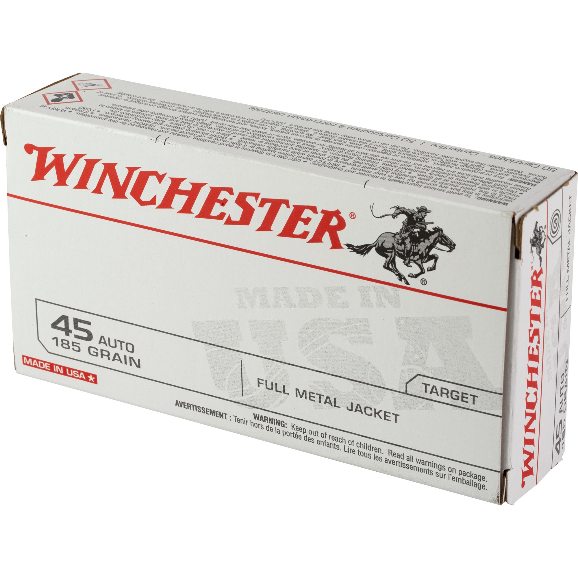Winchester Ammunition USA White Box .45 ACP 185 Grain Full Metal Jacket – 50 Rounds per Box