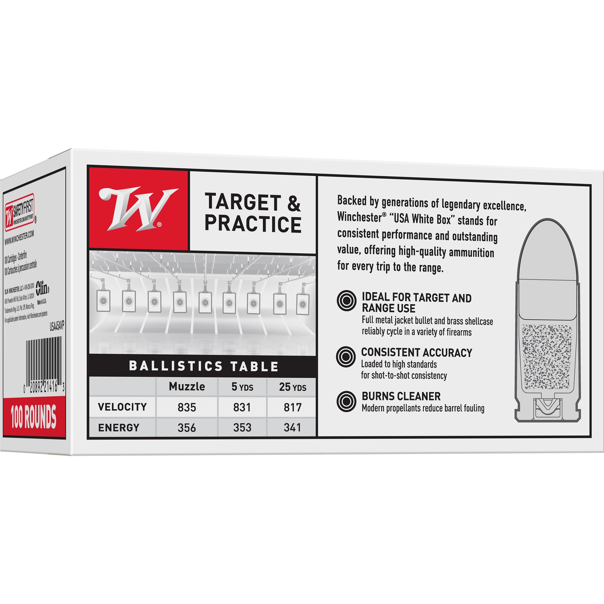 Winchester Ammunition USA 45 ACP 230 Grain Full Metal Jacket Ammo - 100 Rounds per Box, 500 per Case