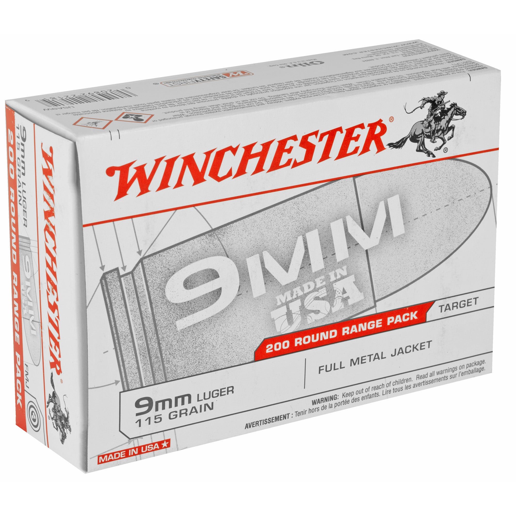 Winchester Ammunition USA 9mm 115 Grain Full Metal Jacket, 200 Rounds per Box