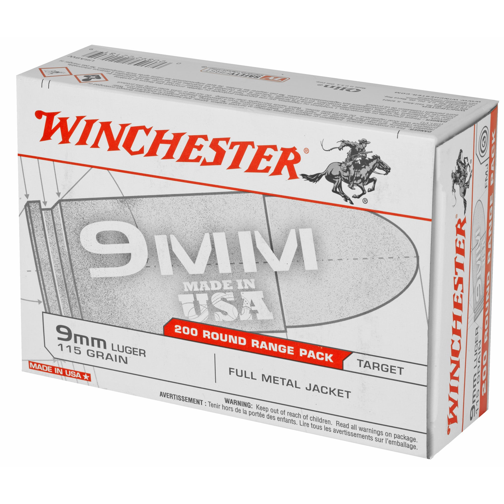 Winchester Ammunition USA 9mm 115 Grain Full Metal Jacket, 200 Rounds per Box