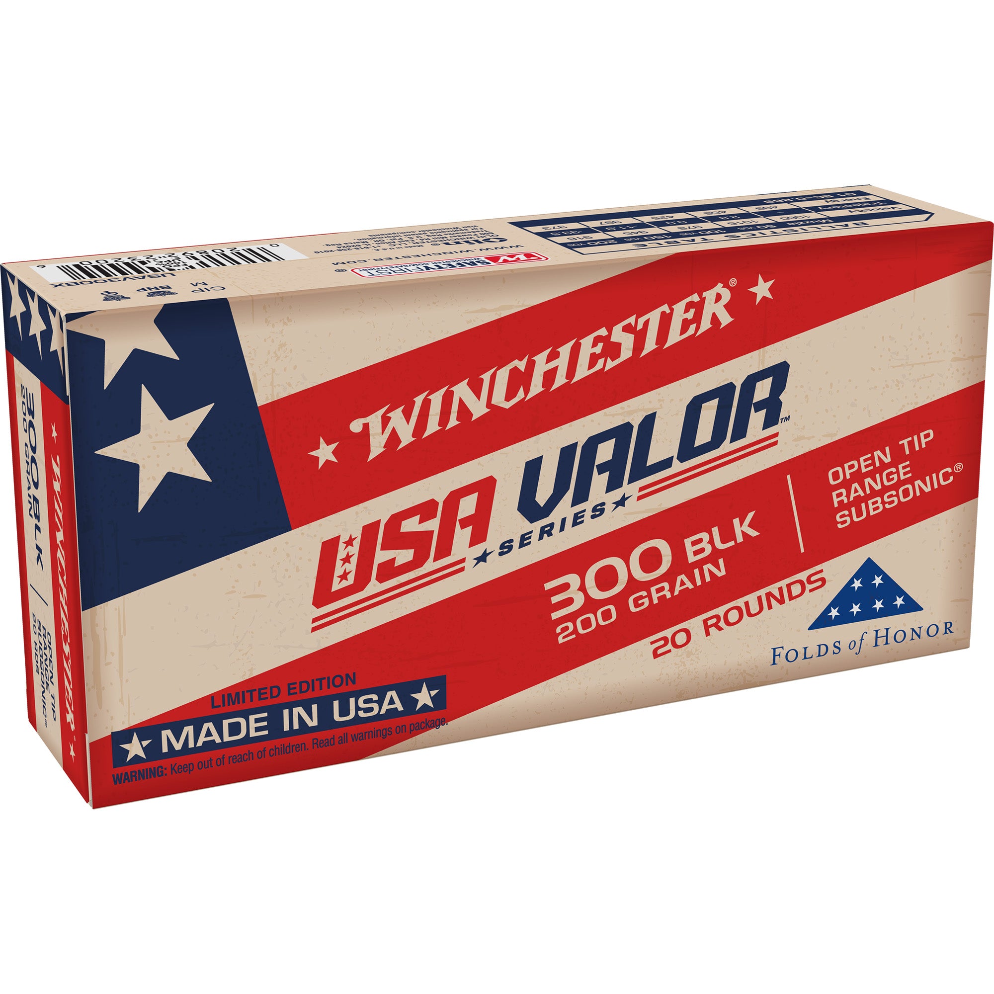 Winchester Ammunition USA VALOR 300 Blackout 200-Grain Open Tip – 20 Rounds per Box
