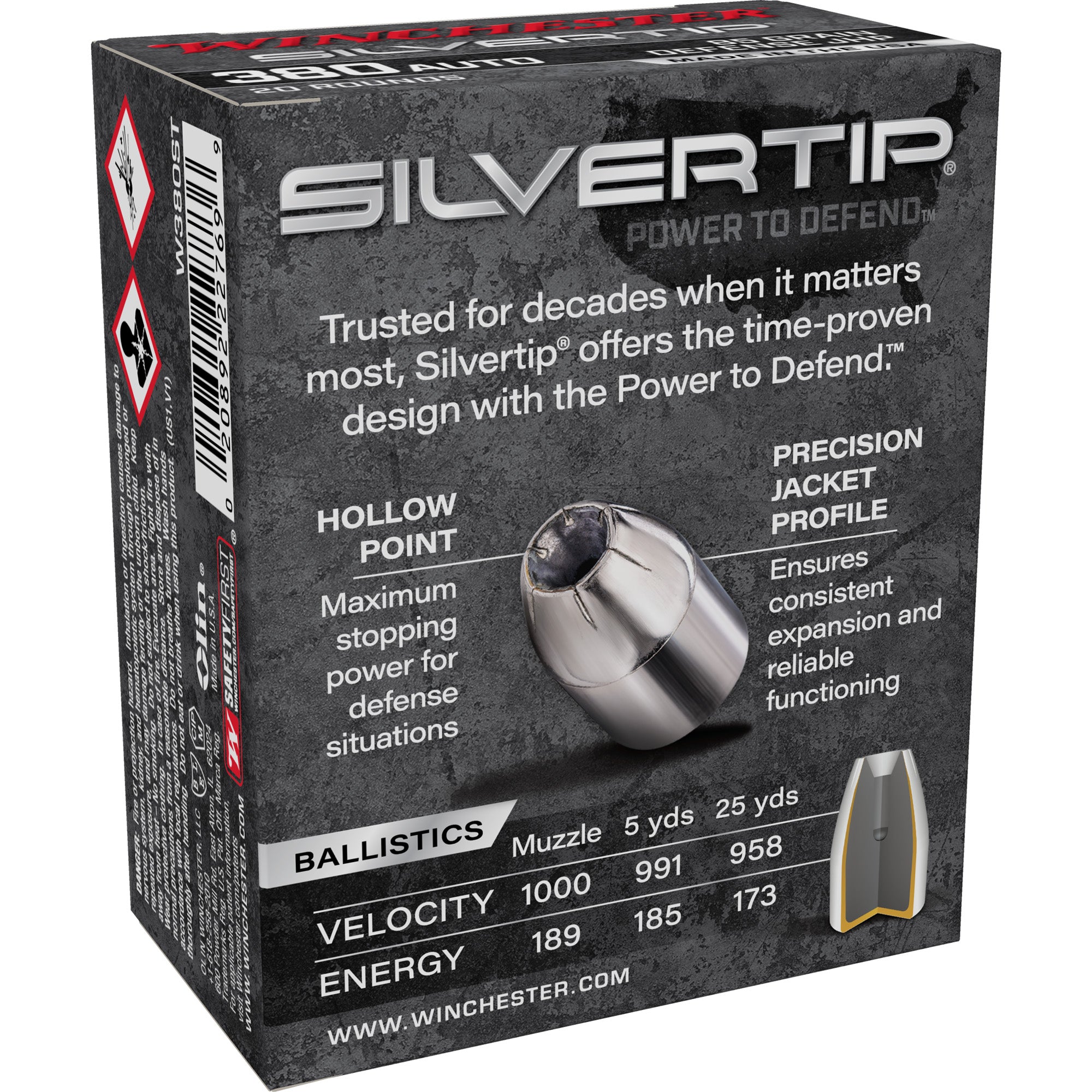Winchester Ammunition Silvertip Hollow Point 380 ACP 85-Grain - 20 Rounds per Box