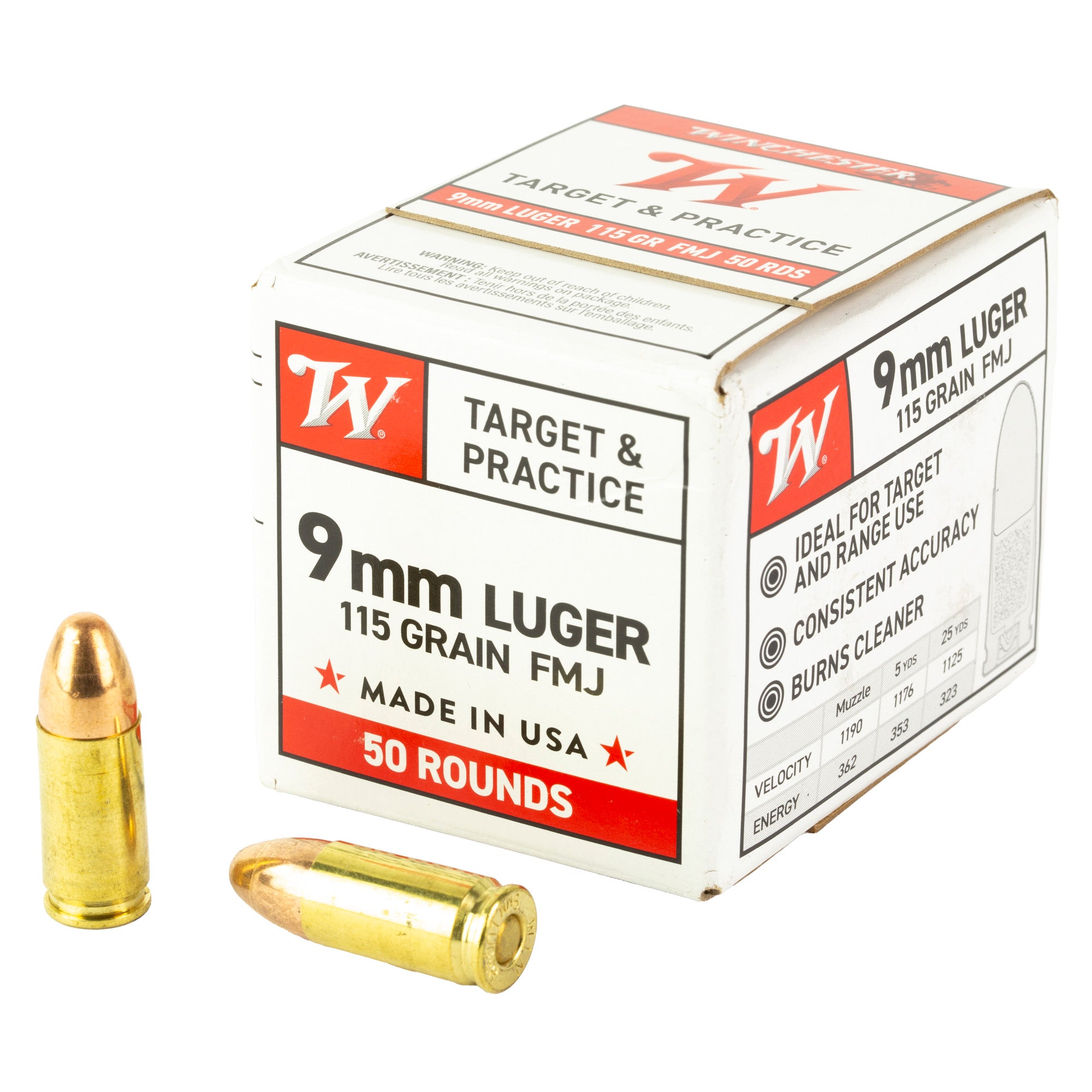 Winchester Ammunition W9MM50 9mm Luger 115 Grain Full Metal Jacket Ammo - 50 Rounds per Box