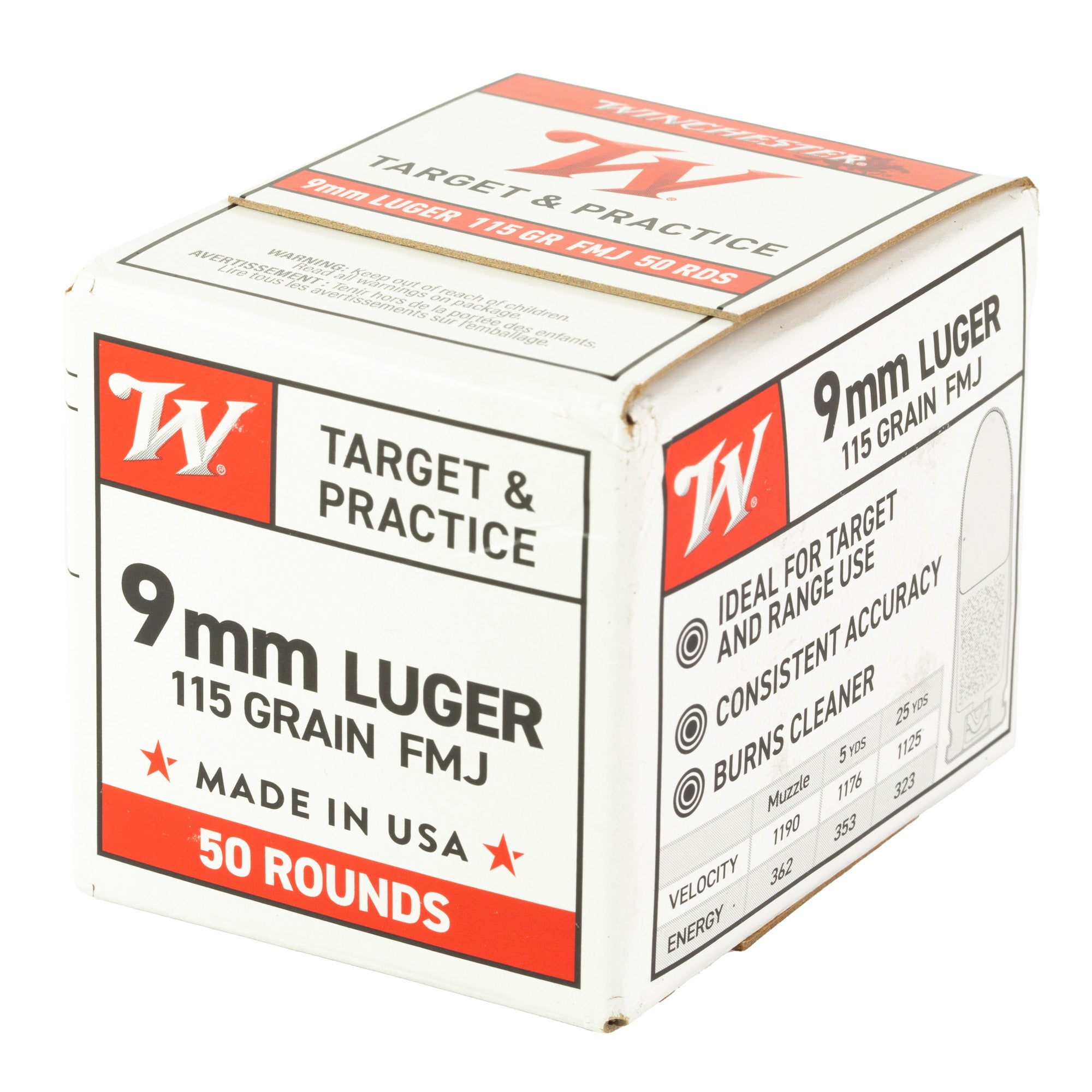 Winchester Ammunition W9MM50 9mm Luger 115 Grain Full Metal Jacket Ammo - 50 Rounds per Box