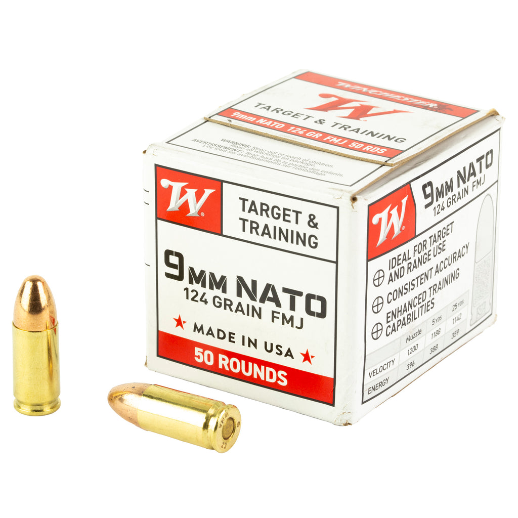 Winchester Ammunition W9NATO50 9mm NATO 124-Grain Full Metal Jacket Ammo - 50 Round Box