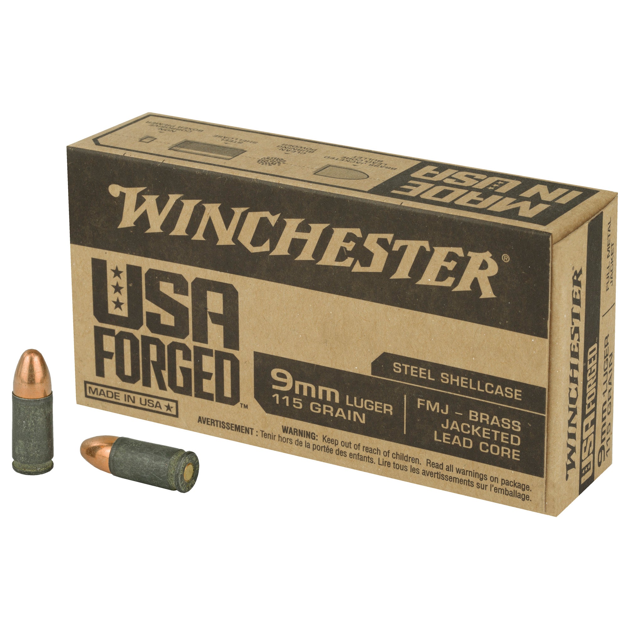 Winchester Ammunition USA Forged 9mm 115-Grain Full Metal Jacket Steel Case Ammunition - 50 Rounds per Box