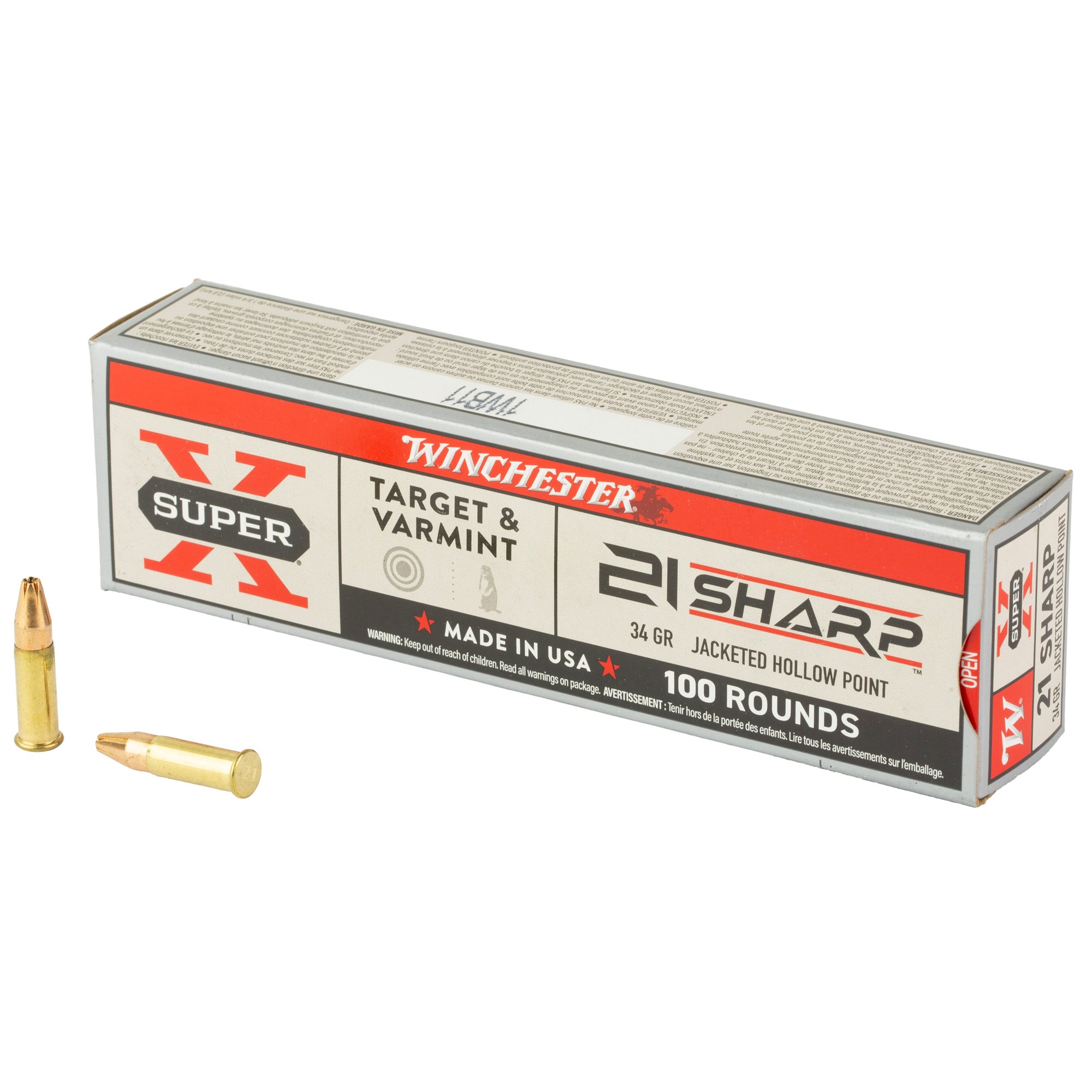 Winchester Ammunition 21 Sharp Power Point Hollow Point - 34 Grain, 100 Rounds per Box
