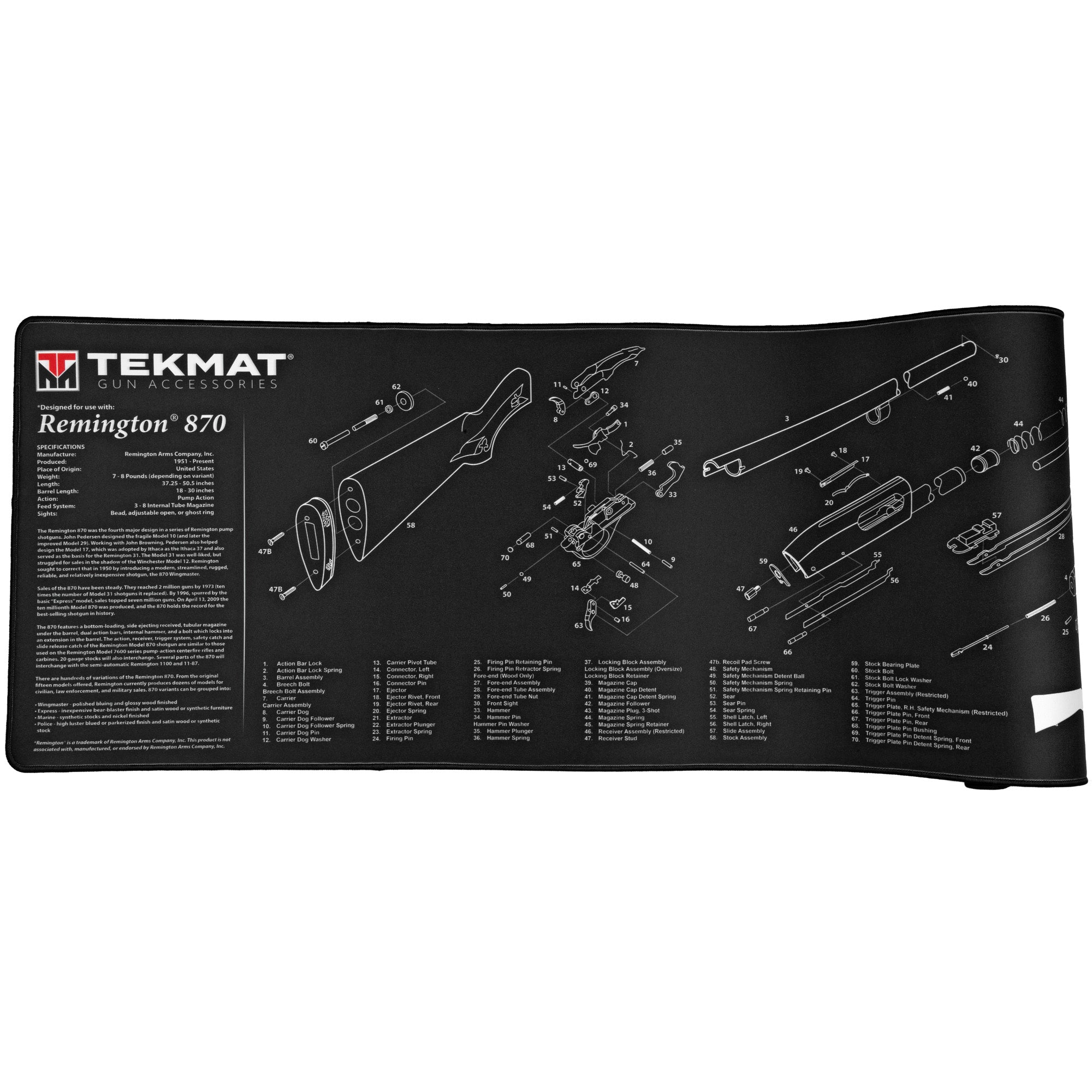 TekMat Ultra Rifle Mat for Remington 870 with Exploded Diagram and Protective Surface