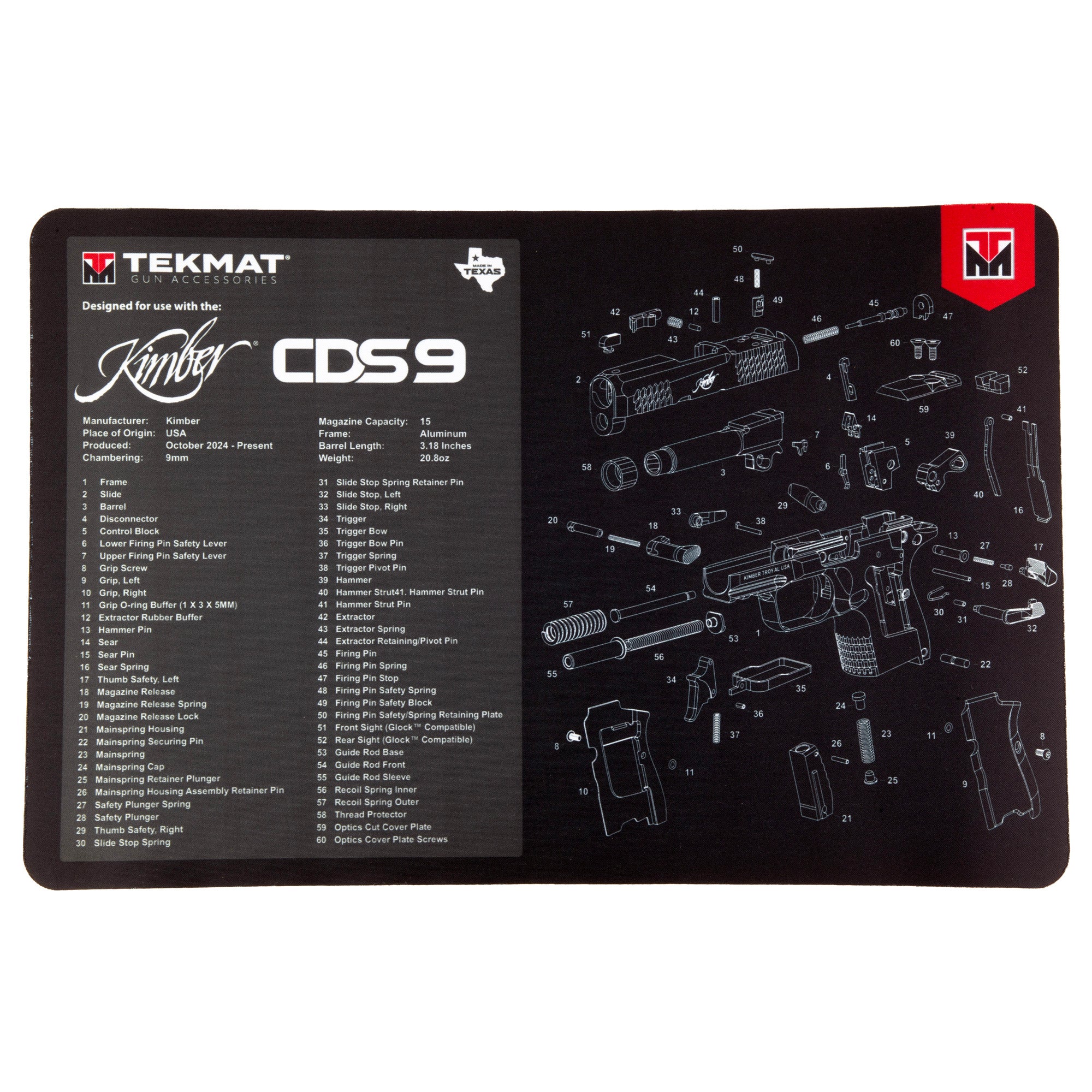 TekMat Kimber CDS9 Cleaning Mat – Large 17-inch Gun Maintenance Pad with Protective Padding and Diagrams