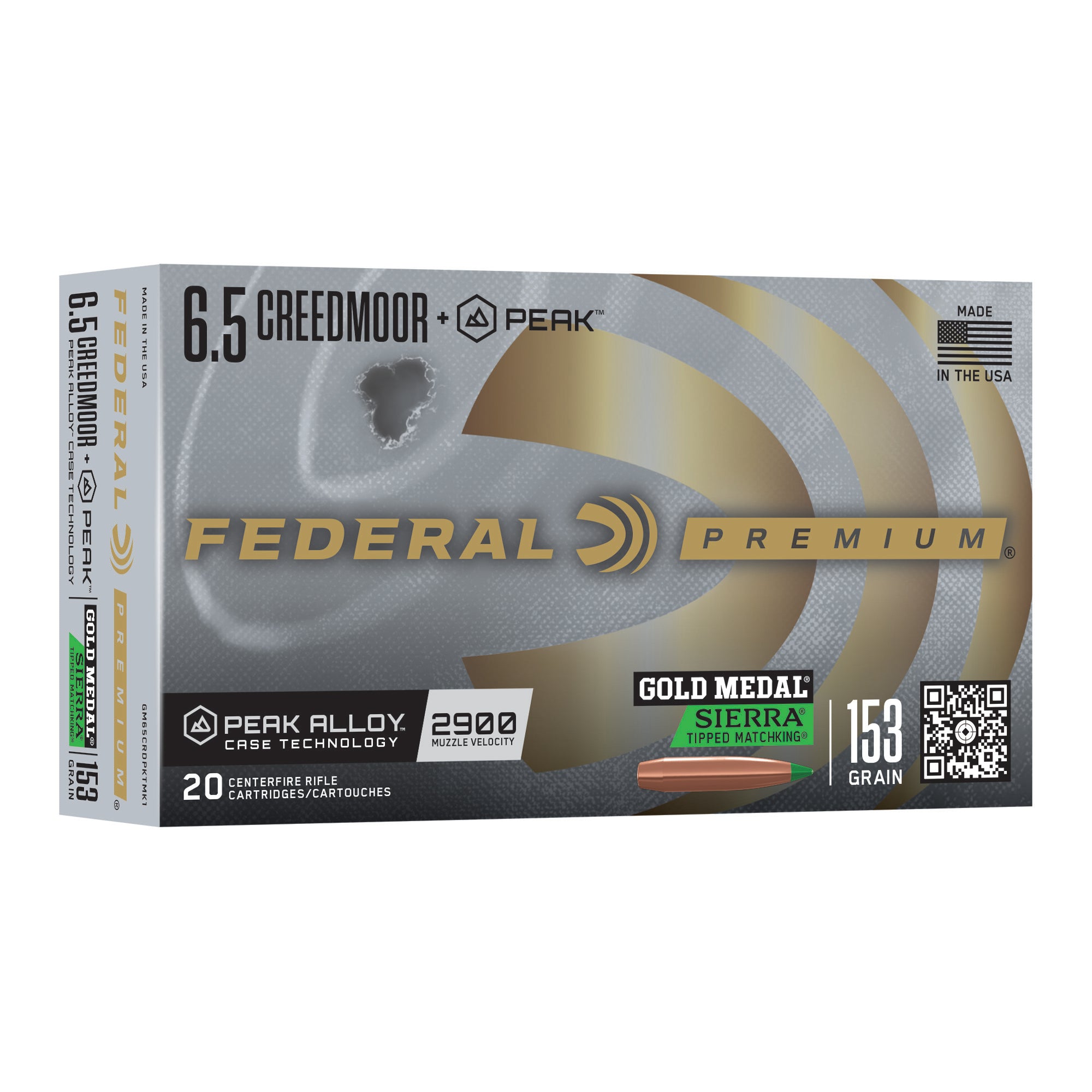 Federal Gold Medal Peak 6.5 Creedmoor 168 Grain Sierra MatchKing Ammunition - Pack of 20