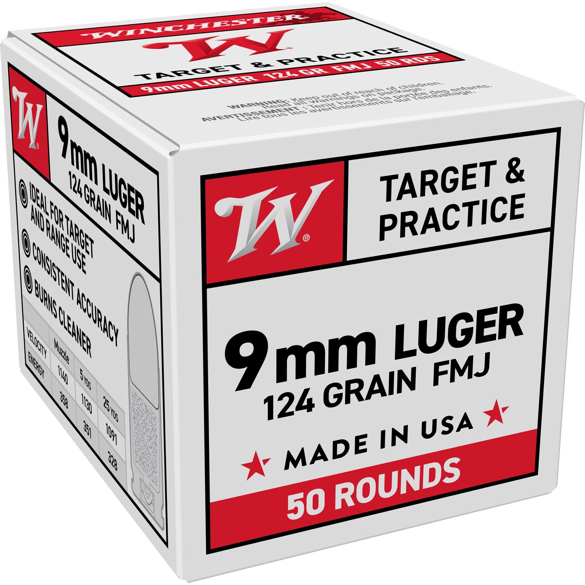 Winchester Ammunition W9MM12450 9mm 124-Grain Full Metal Jacket Ammo - 50 Rounds per Box, 1000 per Case