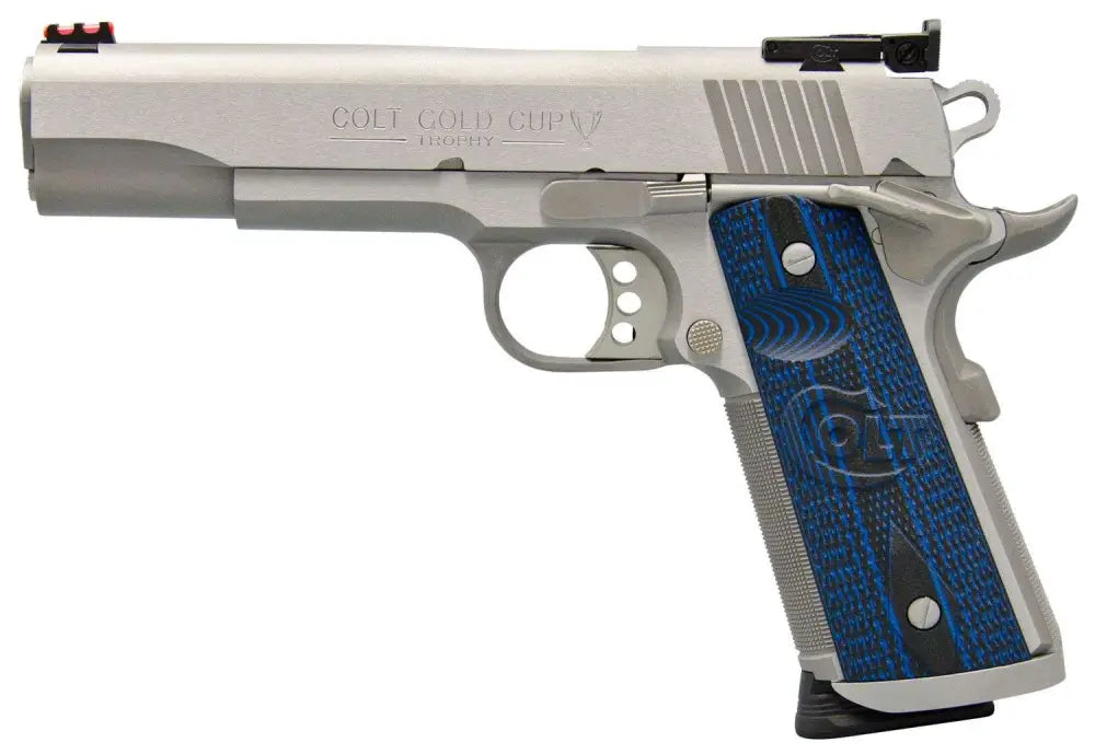 Colt Mfg O5072XE 1911 Gold Cup Trophy 9mm Stainless Steel Pistol with Blue G10 Checkered Grips and Fiber Optic Sights