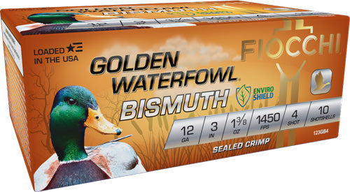Fiocchi Golden Bismuth 12 Gauge 3-Inch Shotshells - Non-Toxic #4 Shot, 1-3/8 oz., 1450 FPS