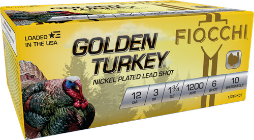 Fiocchi Golden Turkey 12 Gauge 3-Inch Shotgun Shells, #6 Lead Shot, Nickel Plated, 1-3/4 Ounce, 1325 FPS