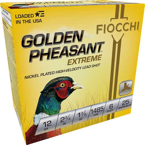 Fiocchi Golden Pheasant 12 Gauge Shotshells, 1-3/8 oz #6 Lead Shot - Nickel Plated