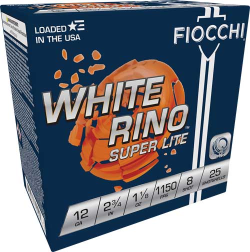 Fiocchi White Rino 12 Gauge 2.75-inch Shotshells - 1-1/8 Ounce #8 Lead Shot, 1150 FPS