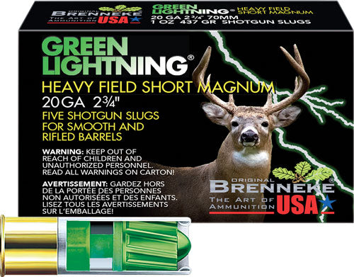 Brenneke USA Green Lightning 20 Gauge Slug for Large Deer Game, 2¾" Shell, 1¼ oz Lead Shot