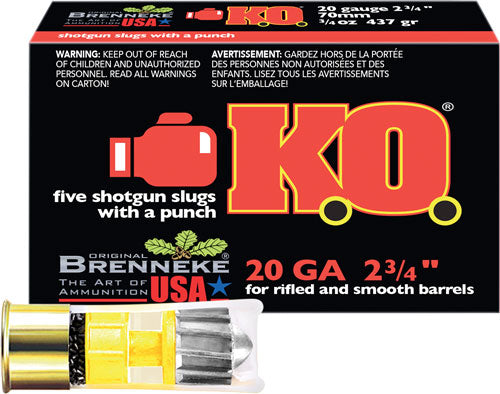 Brenneke USA KO 20 Gauge Slug Ammunition (Part Number SL202KO) – 2.75 Inch Shell, 3/4 Ounce Lead Shot, 1550 FPS Velocity