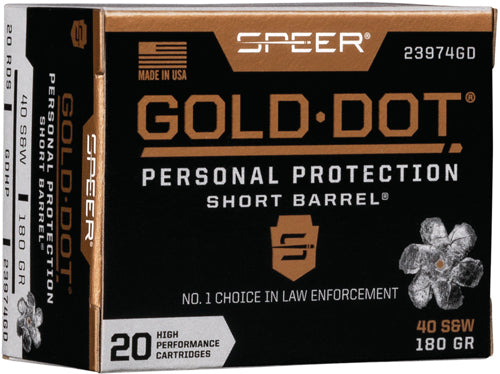 Speer Gold Dot 40 S&W 180 Grain Hollow Point Ammunition - Short Barrel Performance