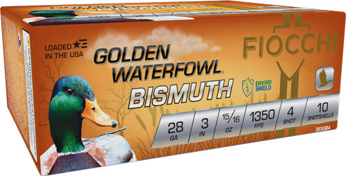 Fiocchi Golden Bismuth 28 Gauge Shotshells - 3 Inch, #4 Shot, 1250 FPS, Non-Toxic