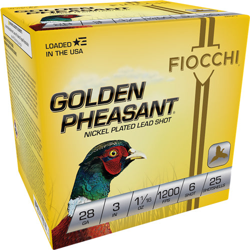 Fiocchi Golden Pheasant 28 Gauge Shotshells, 1-1/16 oz #6 Lead Shot, Nickel Plated