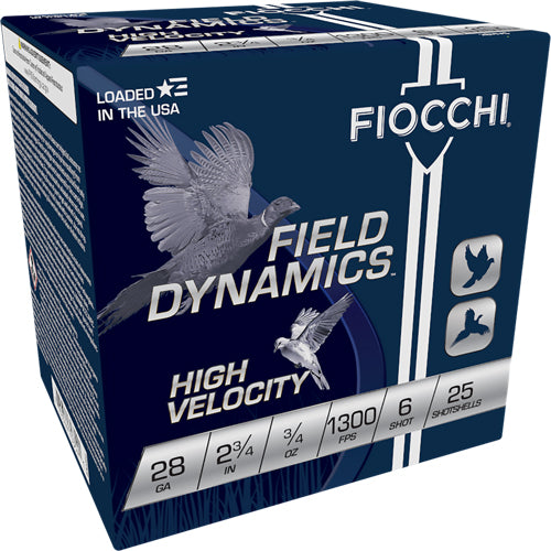Fiocchi 28 Gauge 2.75-Inch Shotshells with #6 Shot – 3/4 oz at 1300 FPS, 25 Shells per Box