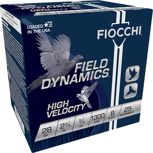 Fiocchi 28 Gauge 2.75 Inch Shotgun Shells - 3/4 oz #8 Lead Shot, 25 Rounds per Box