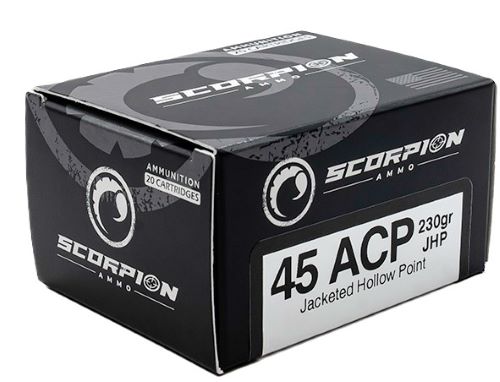 Scorpion Ammo 45230JHP-S20 45 ACP Jacketed Hollow Point Ammo - 230 Grains, Reloadable, 20 Rounds per Box
