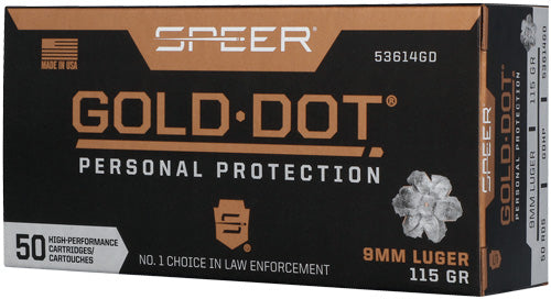 Speer Gold Dot 9mm Luger 115-Grain Jacketed Hollow Point Ammunition - 50 Rounds