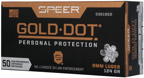 Speer Gold Dot 9mm Luger Ammo - Part #531618GD, 124 Grain Jacketed Hollow Point, Reloadable, 50 Rounds per Box