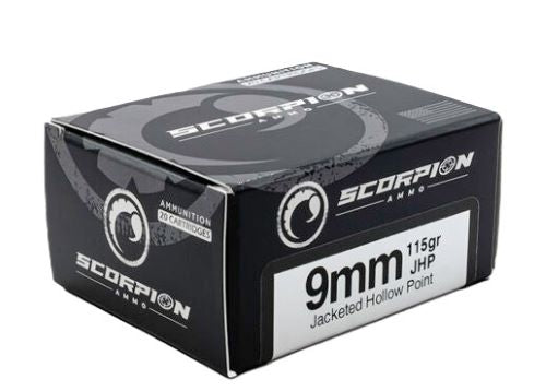 Scorpion Ammo 9115JHP-S20 9mm Luger Jacketed Hollow Point Ammunition – 115 Grains, Reloadable, 20 Rounds per Box
