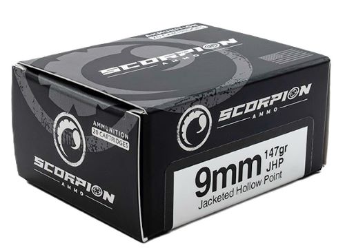 Scorpion Ammo 9147JHP-S20 9mm Luger Jacketed Hollow Point Ammunition, 147 Grains, 20 Rounds per Box