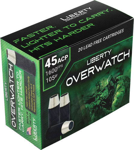 Liberty Overwatch 45 ACP Copper Solid Hollow Point Ammunition - 105 Grains, Reloadable, 20 Rounds per Box