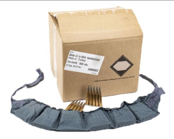 Century AM8002 Turkish Surplus 8mm Mauser Ammunition 196GR FMJBT, 60 Rounds per Box