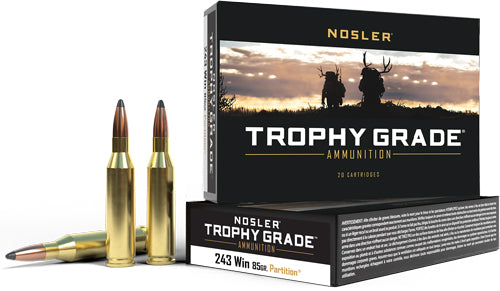 Nosler Trophy Grade 243 Winchester 85-Grain Polymer Tipped Bullets, Loaded Ammunition with Brass