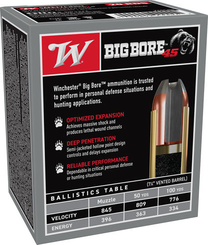 Winchester Ammunition Big Bore .45 Long Colt Jacketed Hollow Point, 250 Grains, Reloadable - 20 Rounds per Box