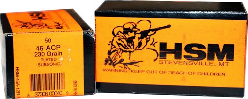 HSM Ammo Subsonic .45 ACP 230 Grain Lead Plated Round Nose - Reloadable, 50 Rounds per Box