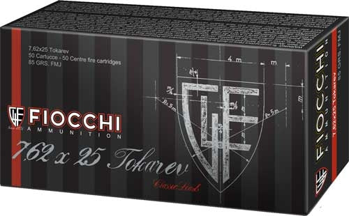 Fiocchi 7.62x25 Tokarev Full Metal Jacket Ammunition - 85 Grain, Reloadable, 50 Rounds