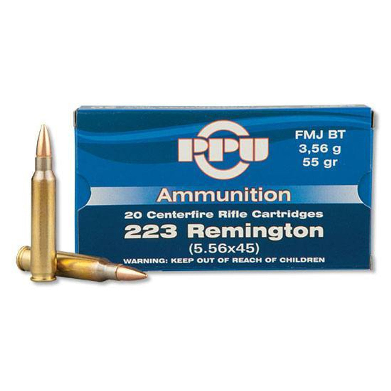PPU .223 Remington FMJBT 55-Grain Centerfire Rifle Ammunition, 20 Rounds per Box