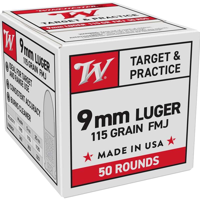 Winchester USA 9mm 115 Grain FMJ — 50 Rounds