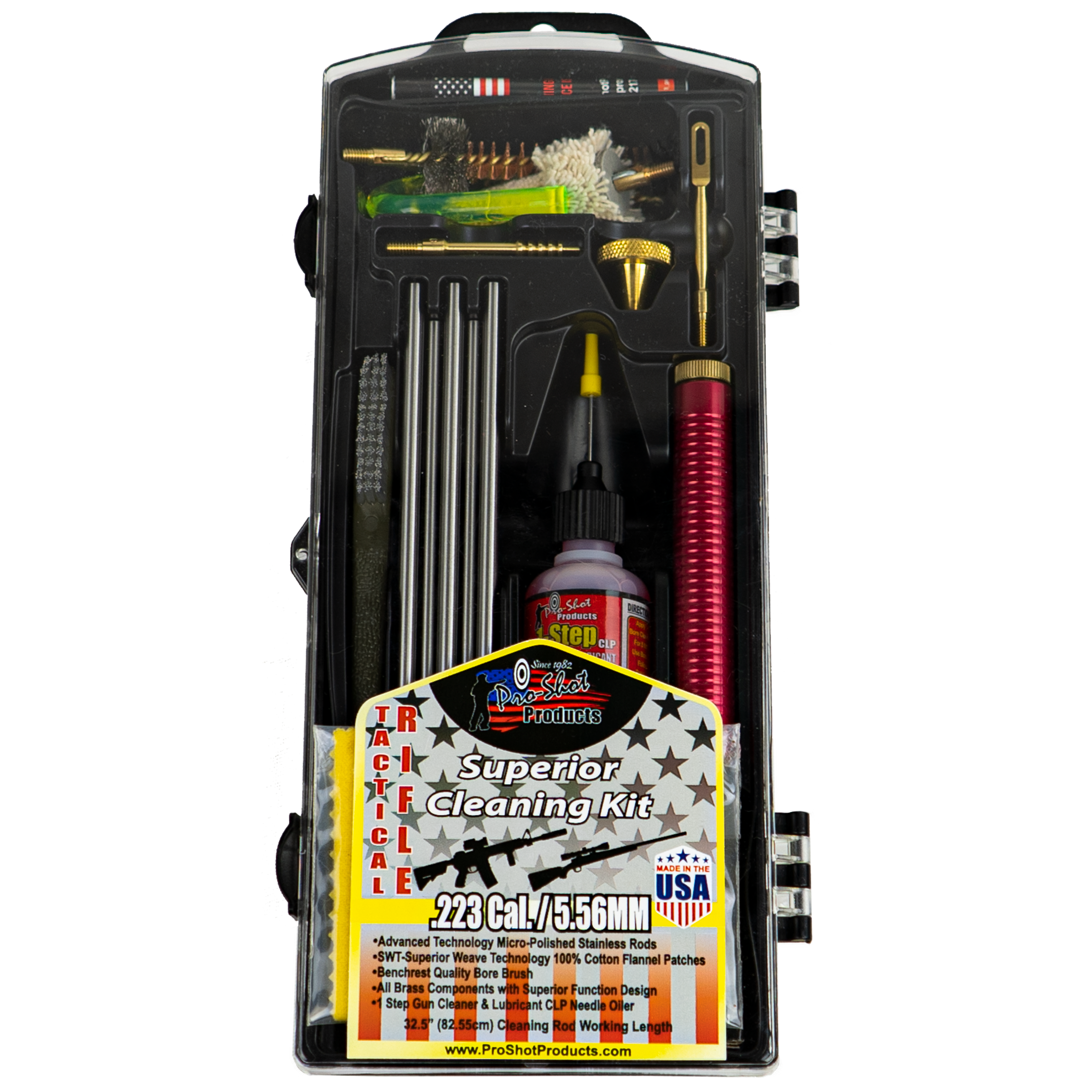 Pro Shot AR15 Tactical Cleaning Kit - Multi-Caliber Rifle Maintenance with Nylon Brushes and Cleaner/Oil