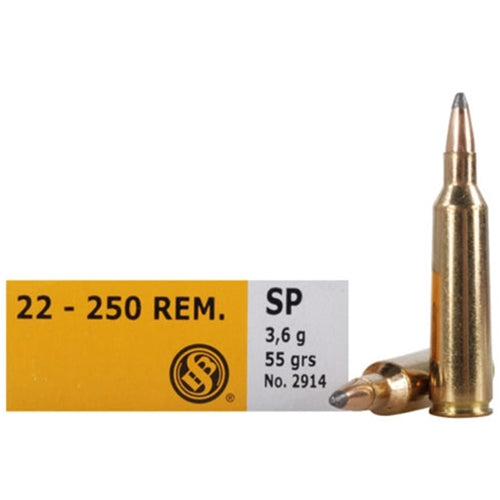 Sellier & Bellot .22-250 Remington 55 Grain Soft Point Ammo, 20 Rounds per Box