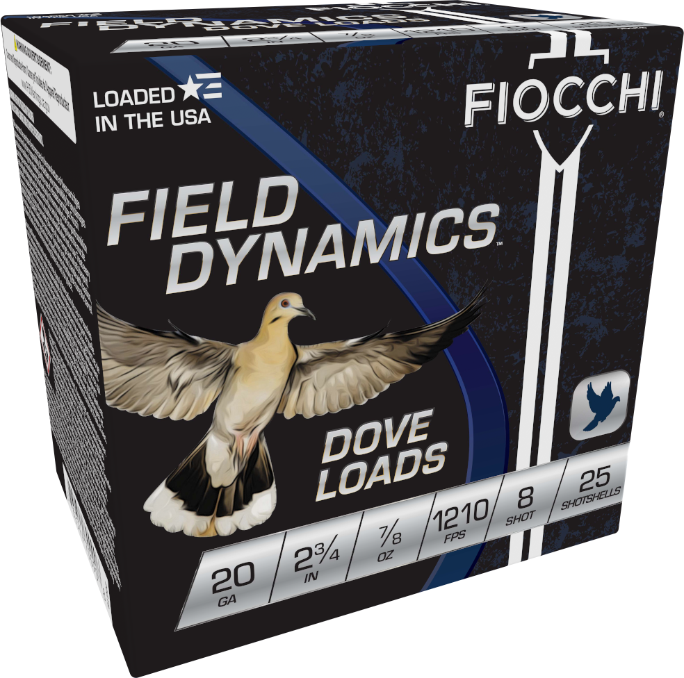 Fiocchi 20 Gauge Dove & Quail Hunting Shotshells - 2-3/4" Length, 7/8 oz, 8 Shot, 25 Rounds
